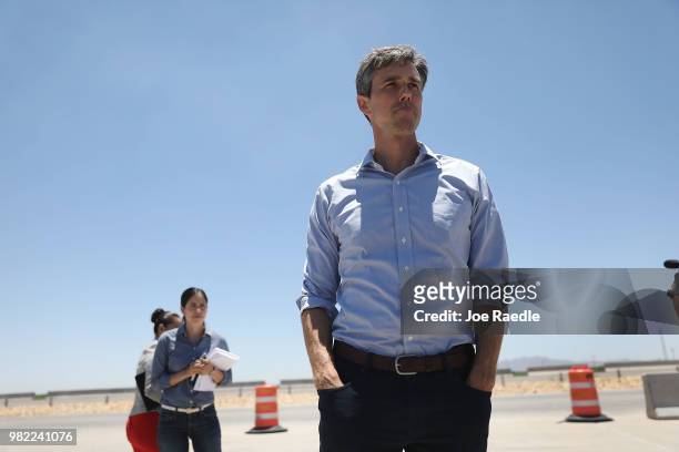 Rep. Beto O'Rourke arrives for a tour with other politicans of the tent encampment recently built near the Tornillo-Guadalupe Port of Entry on June...