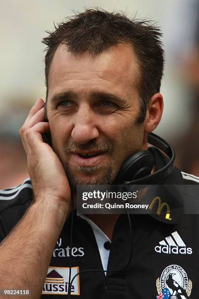 Anthony Rocca the assistant coach of the Magpies looks on during the round two AFL match between the Collingwood Magpies and the Melbourne Demons at...