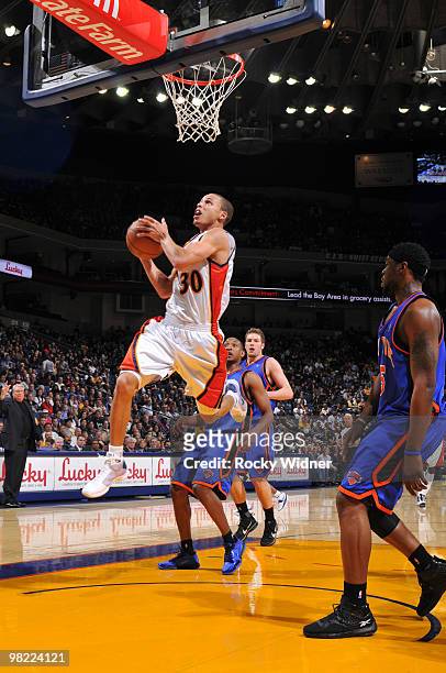 Stephen Curry of the Golden State Warriors leads the pack for an open layup against the New York Knicks on April 2, 2010 at Oracle Arena in Oakland,...
