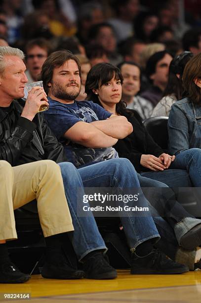 Actor Jack Black and wife Tanya Haden attend a game between the Utah Jazz and the Los Angeles Lakers at Staples Center on April 2, 2010 in Los...
