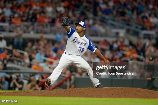 Atlanta Braves Pitcher Sam Freeman during a regular season MLB game between the between the Baltimore Orioles and the Atlanta Braves on June 22, 2018...