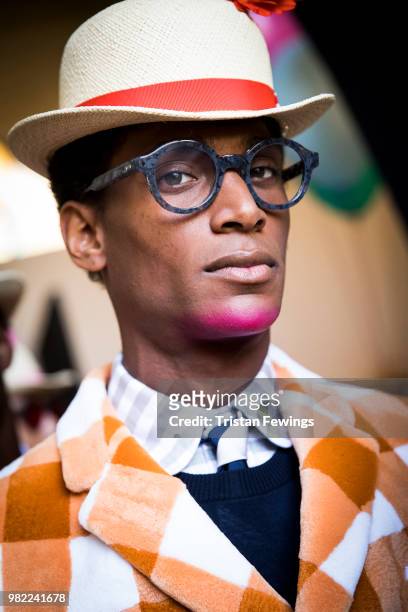 Model poses backstage prior the Thom Browne Menswear Spring Summer 2019 show as part of Paris Fashion Week on June 23, 2018 in Paris, France.