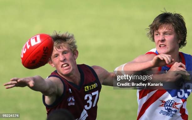Samuel Frost of the Dragons juggles the ball during the round two TAC Cup match between the Gippsland Power and the Sandringham Dragons on April 3,...
