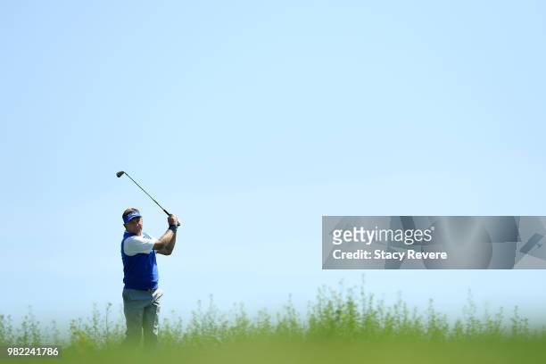 Paul Broadhurst of England hits his tee shot on the eighth hole during the second round of the American Family Insurance Championship at University...