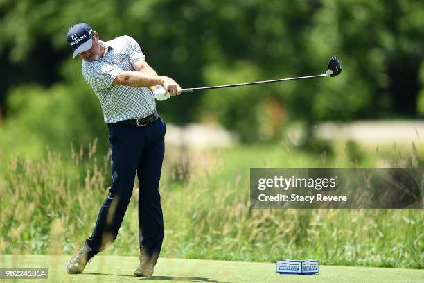 Jerry Kelly hits his tee shot on the seventh hole during the second round of the American Family Insurance Championship at University Ridge Golf...