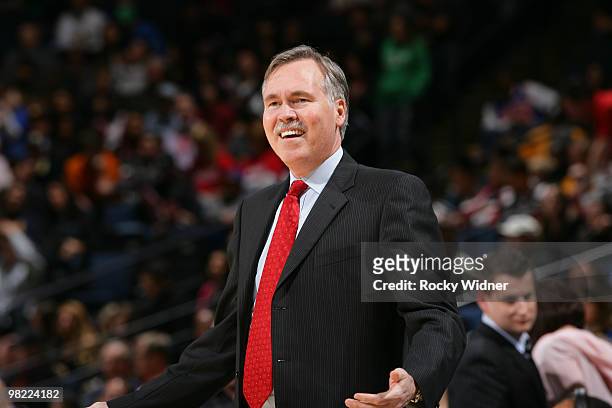 Coach Mike D'Antoni of the New York Knicks questions a call in a game against the Golden State Warriors on April 2, 2010 at Oracle Arena in Oakland,...