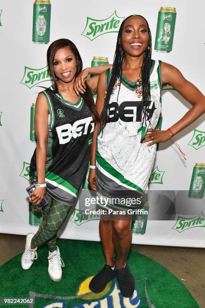 Elise Neal and Erica Ash at the Celebrity Basketball Game Sponsored By Sprite during the 2018 BET Experience at Los Angeles Convention Center on June...