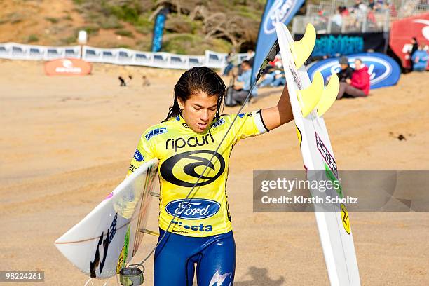 Silvana Lima of Brasil packs up her surfboards during the RIp Curl Pro Bells Beach on April 3, 2010 in Bells Beach, Australia.