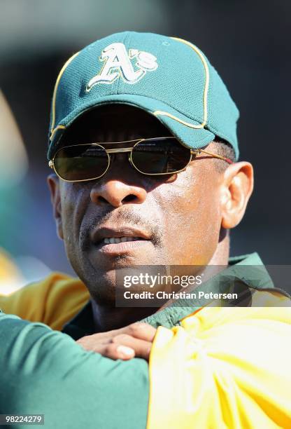 Special instructor Rickey Henderson of the Oakland Athletics during the MLB spring training game against the San Francisco Giants at Phoenix...