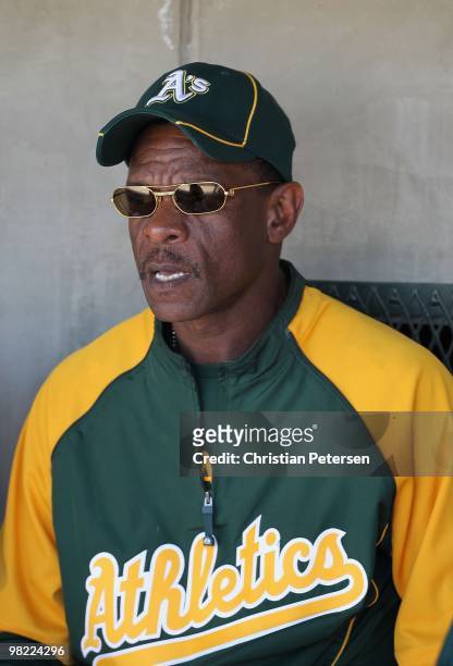 Special instructor Rickey Henderson of the Oakland Athletics during the MLB spring training game against the San Francisco Giants at Phoenix...
