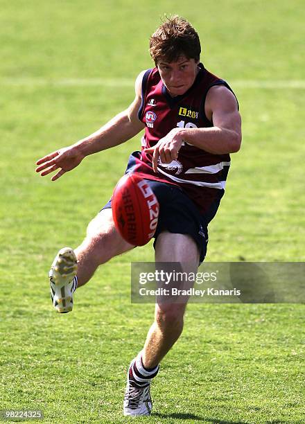 William Gillespie of the Dragons kicks the ball during the round two TAC Cup match between the Gippsland Power and the Sandringham Dragons on April...