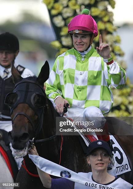 Jockey Craig Williams riding Littoria celebrates his victory in the group 1, race 5, The BMW during 2010 Golden Slipper Day at Rosehill Gardens on...