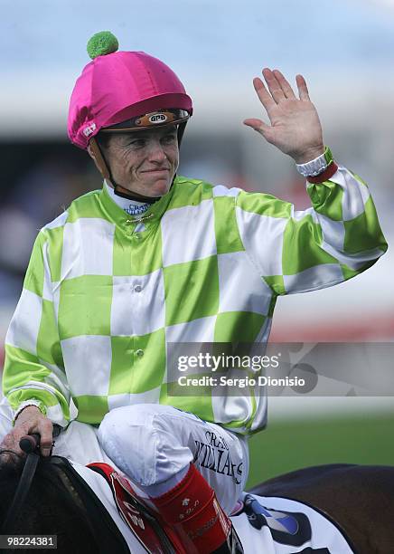 Jockey Craig Williams riding Littoria celebrates his victory in the group 1, race 5, The BMW during 2010 Golden Slipper Day at Rosehill Gardens on...