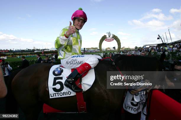 Jockey Craig Williams riding Littoria celebrates his victory in the group 1, race 5, The BMW during 2010 Golden Slipper Day at Rosehill Gardens on...