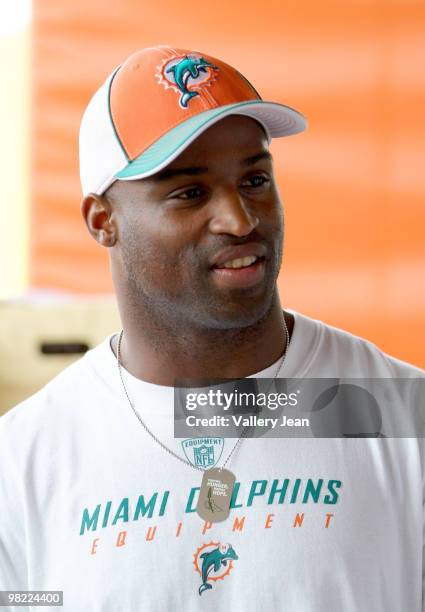 Player RB Ricky Williams of the Miami Dolphins attends his Easter Meal Giveaway at Sun Life Stadium on April 2, 2010 in Miami, Florida.