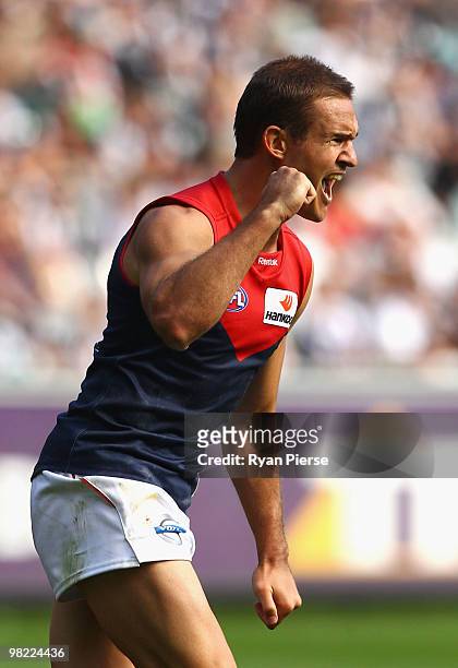 Brad Green of the Demons celebrates after kicking a goal during the round two AFL match between the Collingwood Magpies and the Melbourne Demons at...