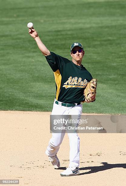 Infielder Mark Ellis of the Oakland Athletics during the MLB spring training game against the San Francisco Giants at Phoenix Municipal Stadium on...