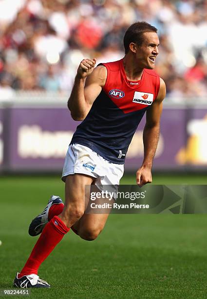 Brad Green of the Demons celebrates after kicking a goal during the round two AFL match between the Collingwood Magpies and the Melbourne Demons at...