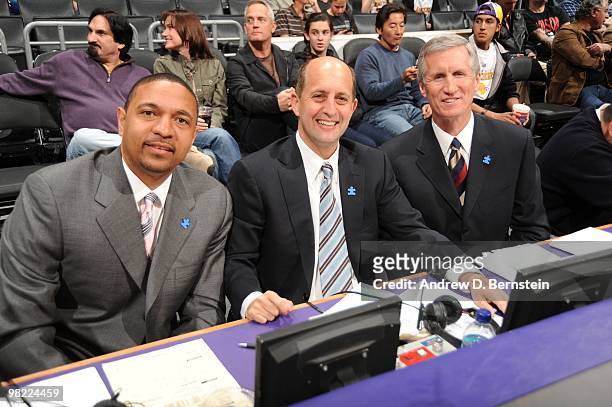 Announcers Mark Jackson, Jeff Van Gundy and Mike Breen of ESPN look on before calling a game between the Utah Jazz and the Los Angeles Lakers at...