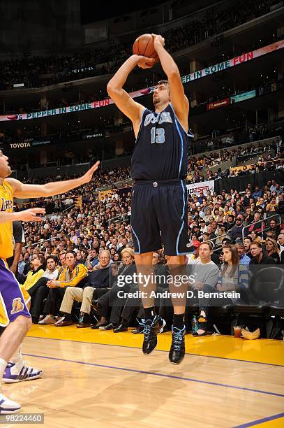 Mehmet Okur of the Utah Jazz shoots during a game against the Los Angeles Lakers at Staples Center on April 2, 2010 in Los Angeles, California. NOTE...