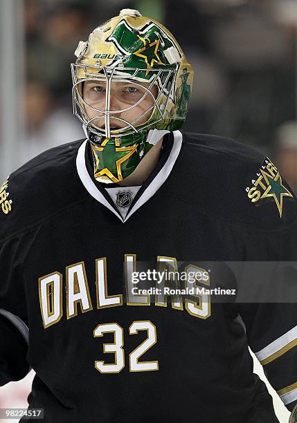 Goaltender Kari Lehtonen of the Dallas Stars at American Airlines Center on April 2, 2010 in Dallas, Texas.