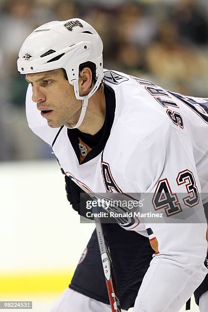 Defenseman Jason Strudwick of the Edmonton Oilers at American Airlines Center on April 2, 2010 in Dallas, Texas.