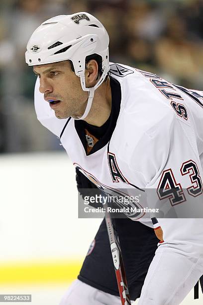 Defenseman Jason Strudwick of the Edmonton Oilers at American Airlines Center on April 2, 2010 in Dallas, Texas.