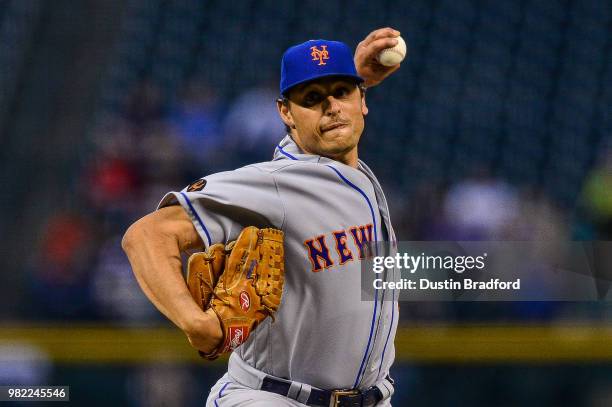 Jason Vargas of the New York Mets pitches against the Colorado Rockies in the first inning of a game at Coors Field on June 19, 2018 in Denver,...