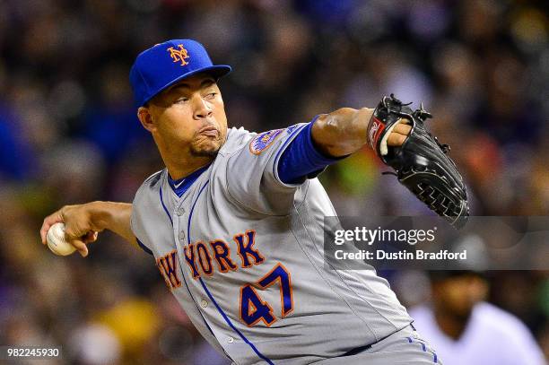 Hansel Robles of the New York Mets pitches against the Colorado Rockies at Coors Field on June 19, 2018 in Denver, Colorado.