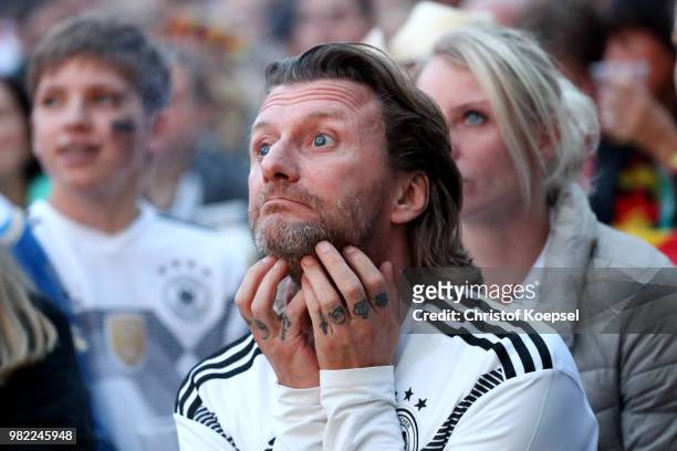 German fans watch the Germany national team play in their 2018 FIFA World Cup Russia match against Sweden at 11 Freunde - Die Fussball Arena on June...