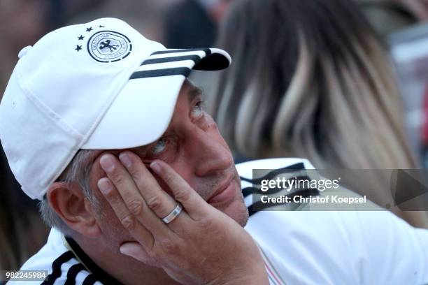 German fans watch the Germany national team play in their 2018 FIFA World Cup Russia match against Sweden at 11 Freunde - Die Fussball Arena on June...