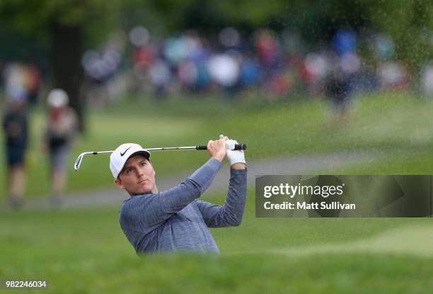 Russell Henley hits his second shot on the third hole during the third round of the Travelers Championship at TPC River Highlands on June 23, 2018 in...