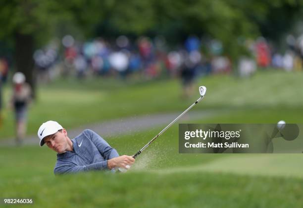 Russell Henley hits his second shot on the third hole during the third round of the Travelers Championship at TPC River Highlands on June 23, 2018 in...