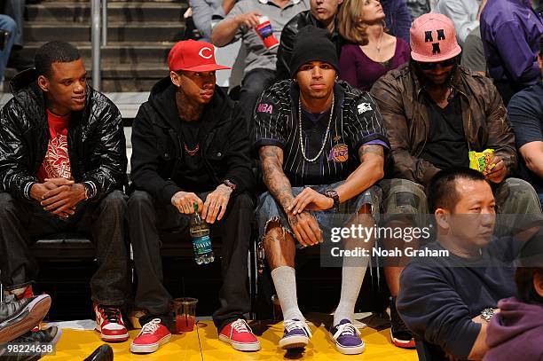 Recording Artist Chris Brown attends a game between the Utah Jazz and the Los Angeles Lakers at Staples Center on April 2, 2010 in Los Angeles,...