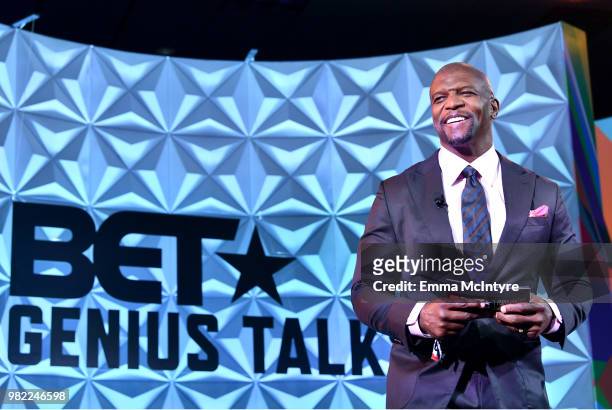 Terry Crews speaks onstage at the Genius Talks sponsored by AT&T during the 2018 BET Experience at the Los Angeles Convention Center on June 23, 2018...