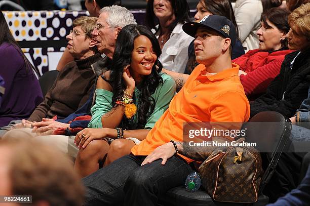 Angela Simmons and Robert Kardashian Jr. Attend a game between the Utah Jazz and the Los Angeles Lakers at Staples Center on April 2, 2010 in Los...