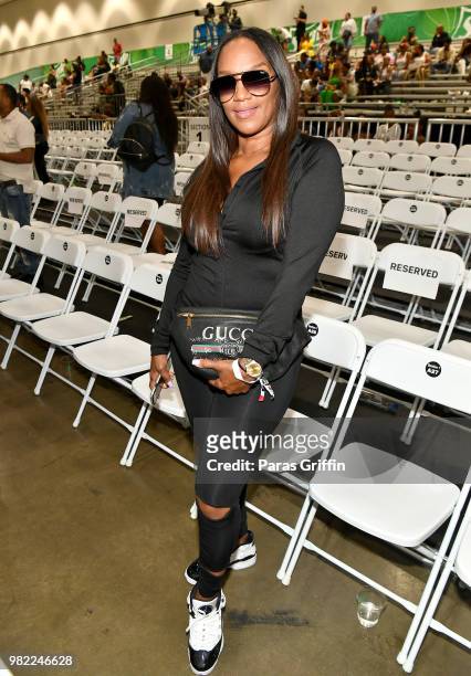 Jackie Christie poses at the Celebrity Basketball Game Sponsored By Sprite during the 2018 BET Experience at Los Angeles Convention Center on June...