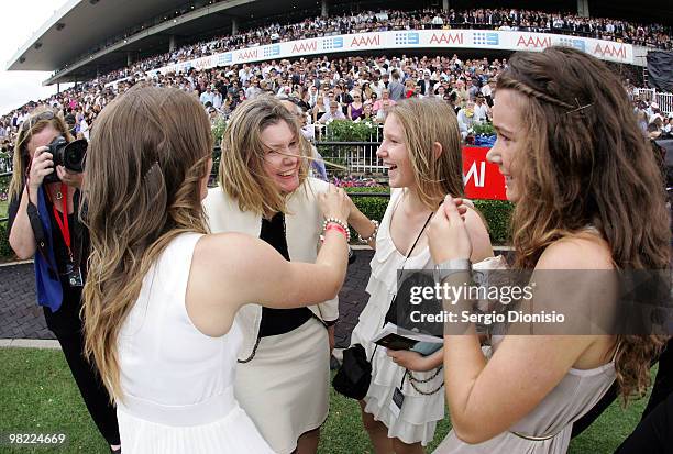 Owner Jenny Moodie celebrates with her daughters Kate , Victoria and Jessica after Jockey Brett Prebble riding Crystal Lily wins the group 1, race 7,...