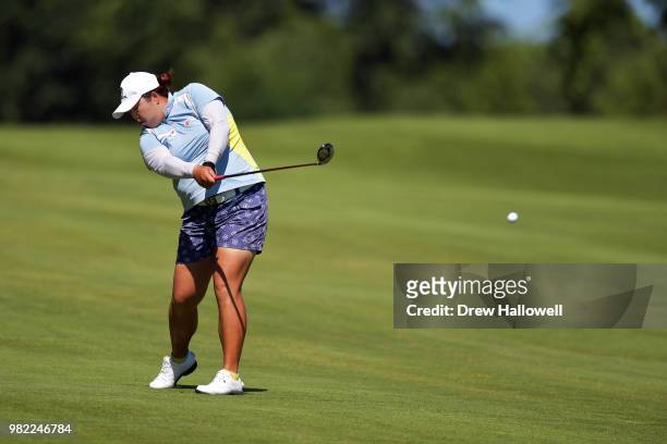 Shanshan Feng of China plays a shot on the 18th hole during the second round of the Walmart NW Arkansas Championship Presented by P&G at Pinnacle...