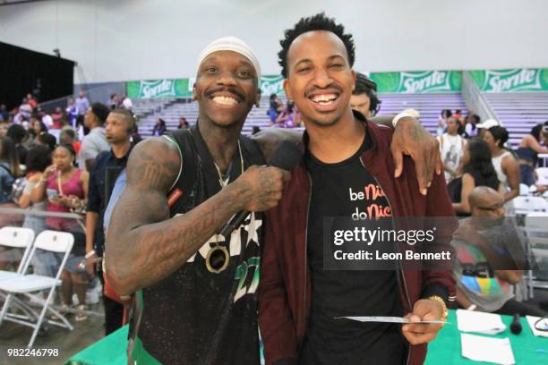 Larry 'Bone Collector' Williams and Christian Crosby pose at the Celebrity Basketball Game Sponsored By Sprite during the 2018 BET Experience at Los...