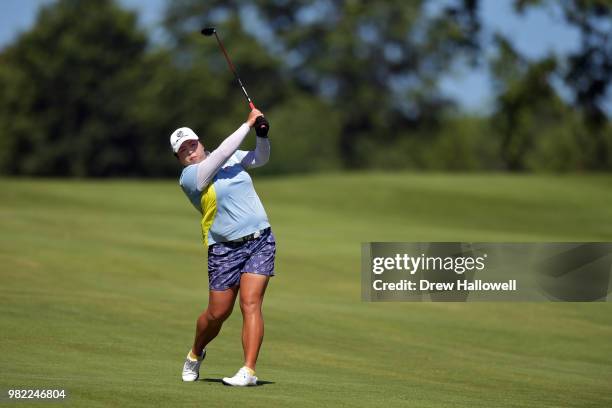 Shanshan Feng of China plays a shot on the 18th hole during the second round of the Walmart NW Arkansas Championship Presented by P&G at Pinnacle...