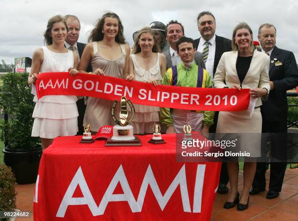 Trainer Matthew Ellerton, jockey Brett Prebble and owners David and Jenny Moodie celebrate their victory in the group 1, race 7, AAMI Golden Slipper...