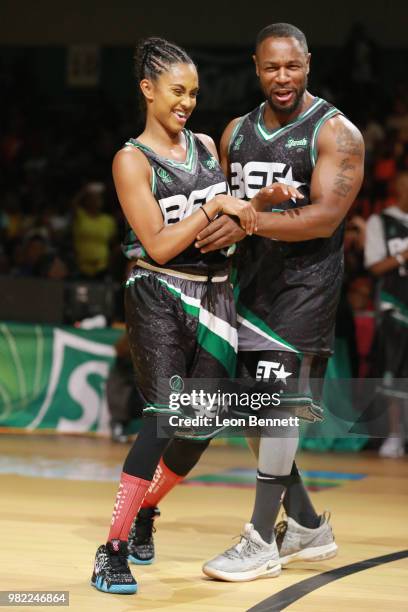 Brittney Elena and Tank at the Celebrity Basketball Game Sponsored By Sprite during the 2018 BET Experience at Los Angeles Convention Center on June...