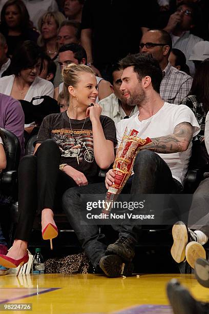 Adam Levine attends a game between the Utah Jazz and the Los Angeles Lakers at Staples Center on April 2, 2010 in Los Angeles, California.