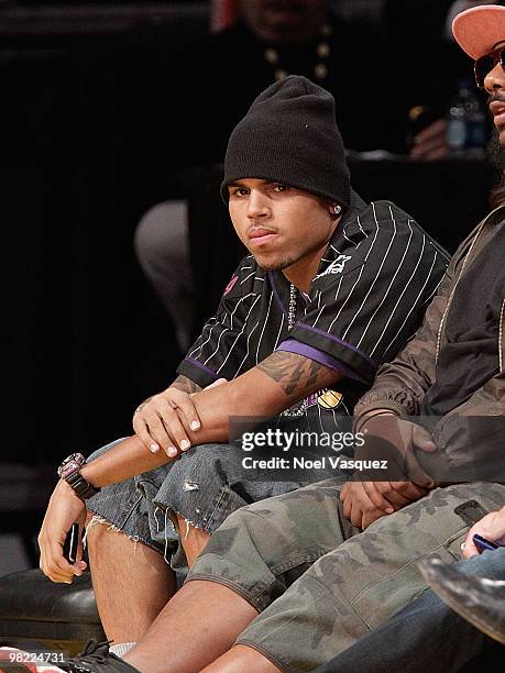 Chris Brown attends a game between the Utah Jazz and the Los Angeles Lakers at Staples Center on April 2, 2010 in Los Angeles, California.