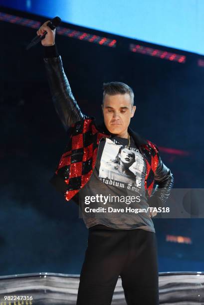 Robbie Williams performs on stage during the second date of the Taylor Swift reputation Stadium Tour at Wembley Stadium on June 23, 2018 in London,...