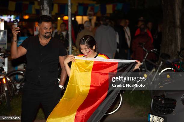 Fans celebrating in the streets of Munich. German fans watched the match Germany Sweden 2-1, which Germany won in the last minute, of the FIFA World...