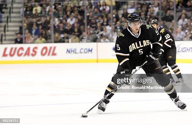 Matt Niskanen of the Dallas Stars at American Airlines Center on April 2, 2010 in Dallas, Texas.