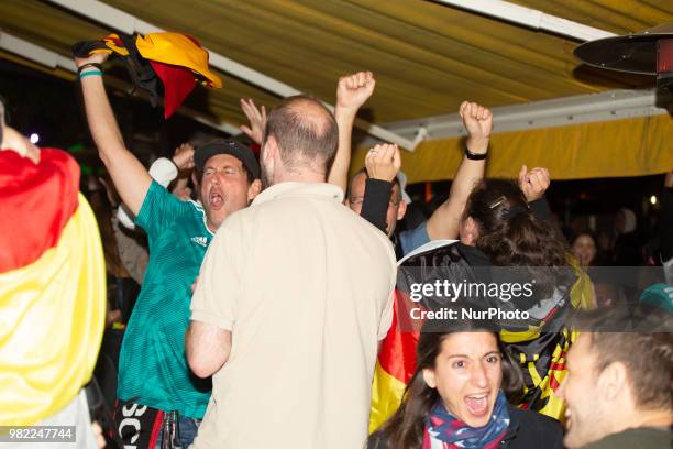 Fans celebrating the goal of Germany in the last second. German fans watched the match Germany Sweden 2-1, which Germany won in the last minute, of...