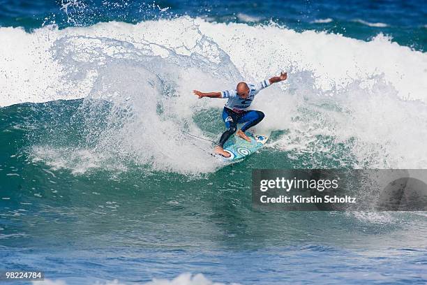 Kelly Slater of the United States of America surfs during round 1 of the Rip Curl Pro on April 3, 2010 in Bells Beach, Australia.